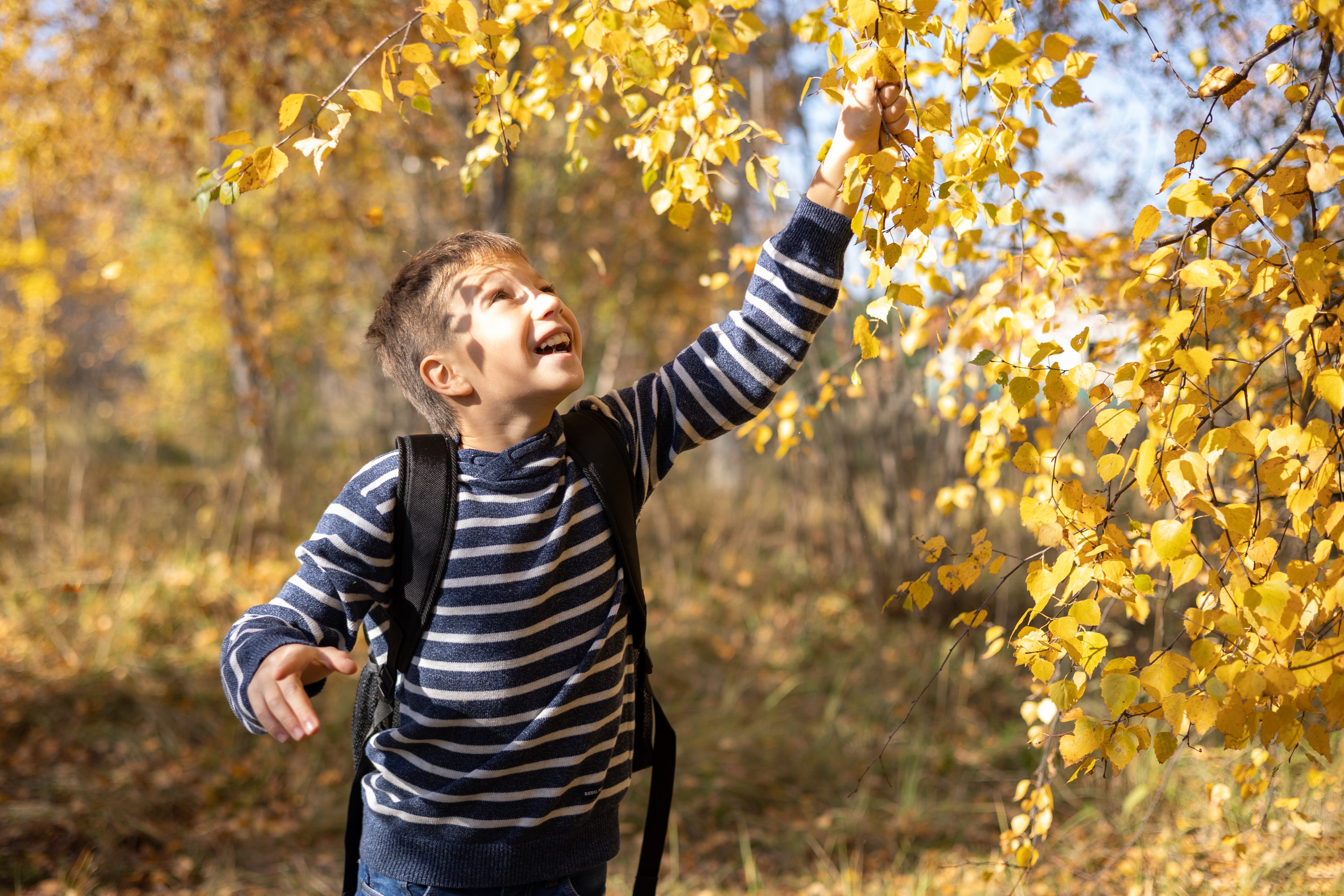 kid with backpack touching leaves Fall school season resource guide