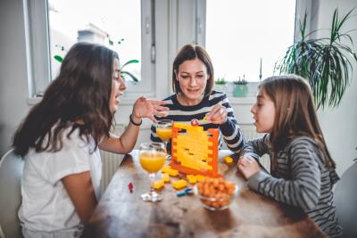 mom and kids playing
