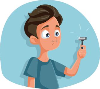 illustrated image of boy with razor and facial hair looking confused